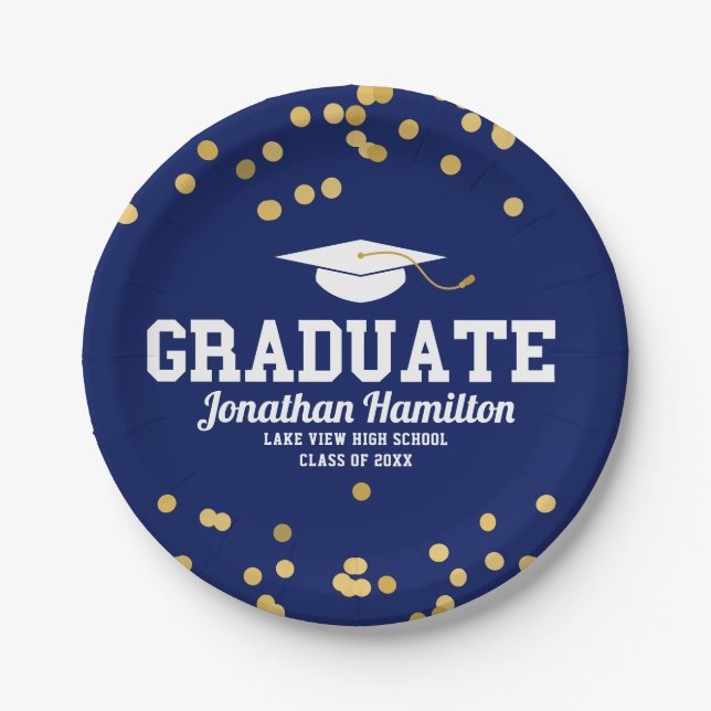 Graduate Navy Blue Gold Confetti Graduation Party Paper Plates (Front)