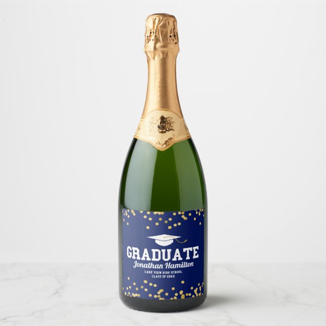 Graduate Navy Blue Gold Graduation Party  Sparkling Wine Label (Front)