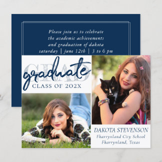 Graduate Navy Script | Dark Blue 2 Photo Keepsake Invitation