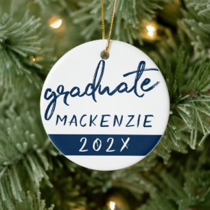 Graduate Navy Script Dark Blue Brush Keepsake Ceramic Ornament