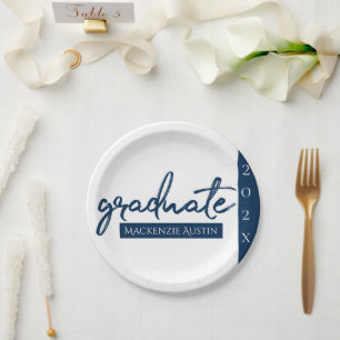 Graduate Navy Script Dark Blue Brush Keepsake Paper Plates