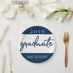 Graduate Navy Script Dark Blue Brush Keepsake Paper Plates