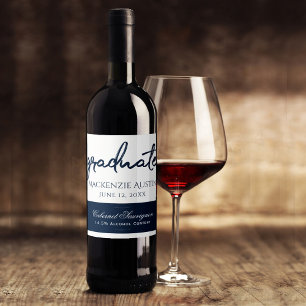 Graduate Navy Script Dark Blue Brush Keepsake Wine Label