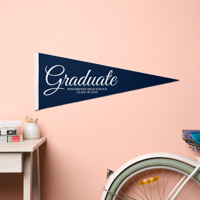 Graduate navy white personalized school class year pennant flag (Front)