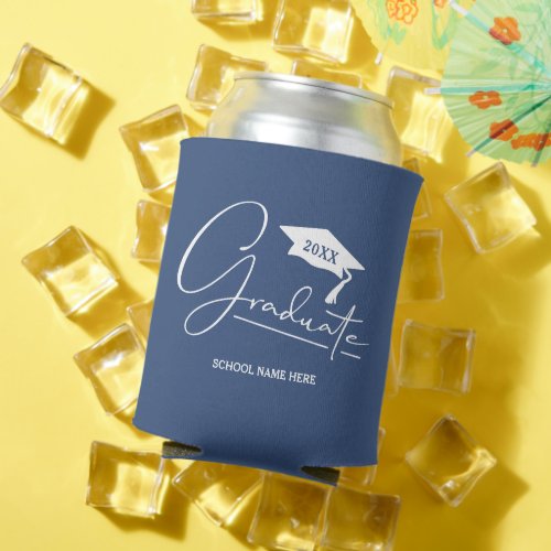 Graduate on Blue with Graduation Cap Can Cooler