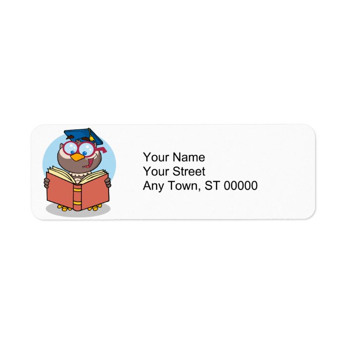 graduate owl reading a book cartoon custom return address label