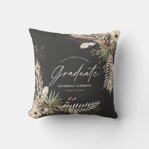 Graduate pampas eucalyptus elegant black rustic throw pillow