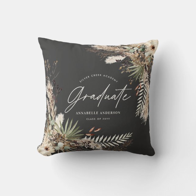 Graduate pampas eucalyptus elegant black rustic throw pillow (Front)