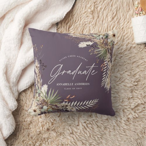 Graduate pampas eucalyptus elegant purple rustic throw pillow