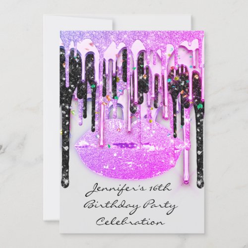 Graduate Party 16th Lips Pink Confetti Drips Gray Invitation