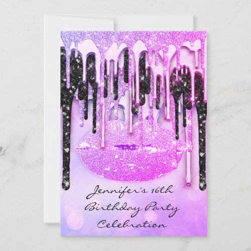 Graduate Party 16th Lips Pink Glitter Drip Invitation