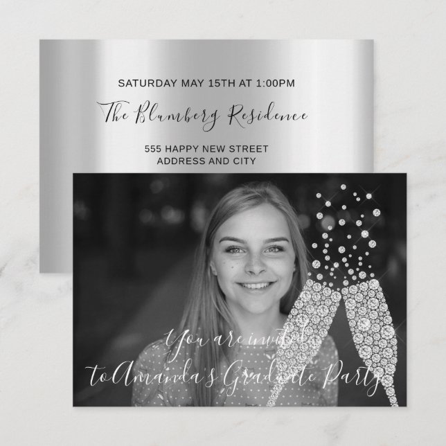 Graduate Party Champaigne Glass Bubbles Photo Gray Invitation (Front/Back)