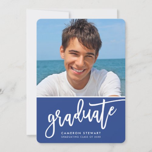 GRADUATE PARTY chic photo simple script royal blue Thank You Card