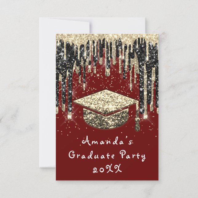 Graduate Party Drip Glitter BurgundGold Confetti   Invitation (Back)
