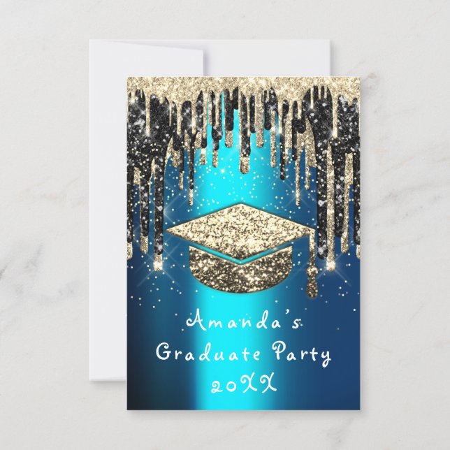 Graduate Party Drip Glitter Teal Cup Gold Invitation (Back)