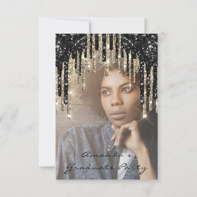 Graduate Party Drips Cap Glitter Photo Black Gold  Invitation (Back)