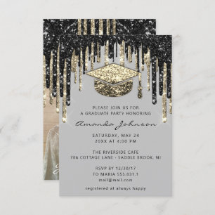 Graduate Party Drips Cap Glitter Photo Faux Gold Invitation