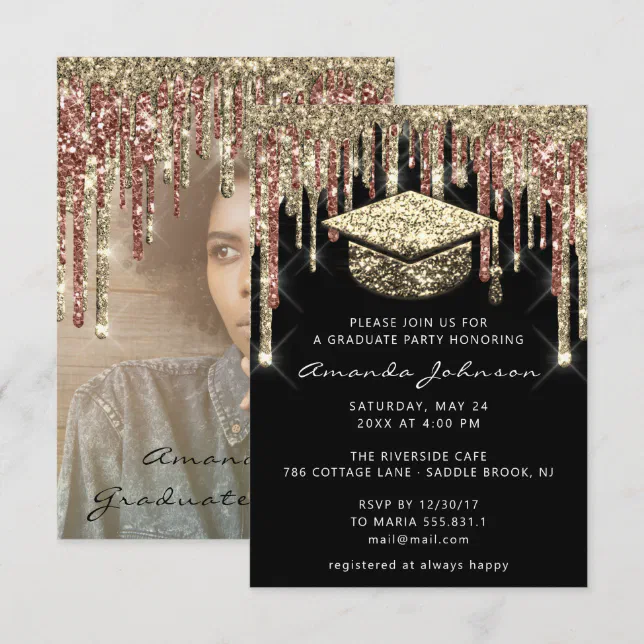 Graduate Party Drips Glitter Photo Black Gold Rose Invitation | Zazzle