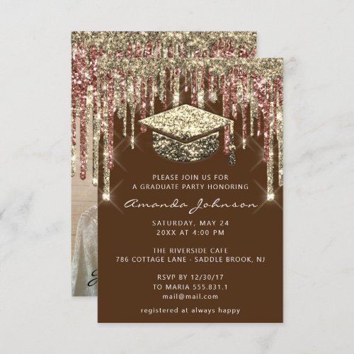 Graduate Party Drips Glitter Photo Brown Gold   Invitation