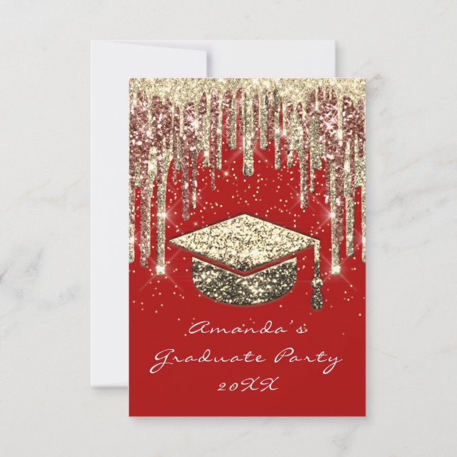 Graduate Party Drips Glitter Red Gold Confetti  Invitation (Back)