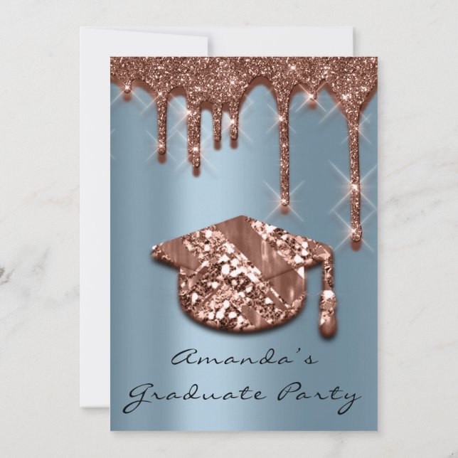 Graduate Party Drips Rose Blue Cap 3D Effect Glam Invitation (Back)