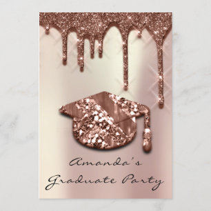 Graduate Party Drips Rose Blue Cap 3D Effect Pearl Invitation