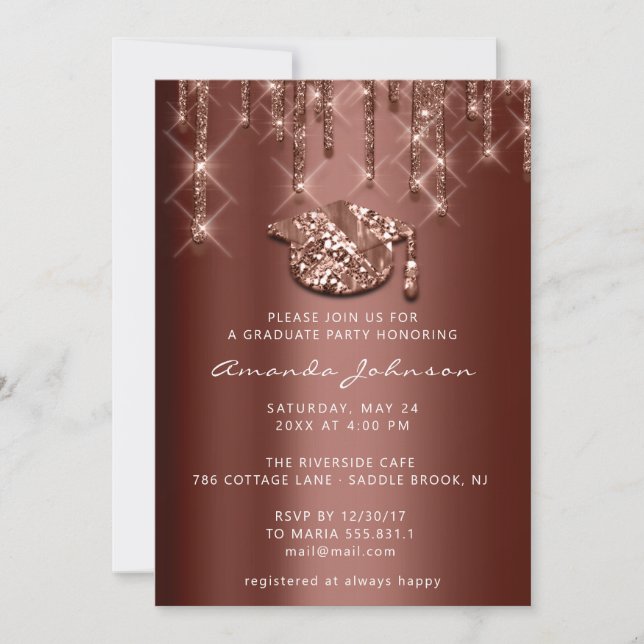 Graduate Party Drips Rose Gold Cap3D Effect Bronze Invitation (Front)
