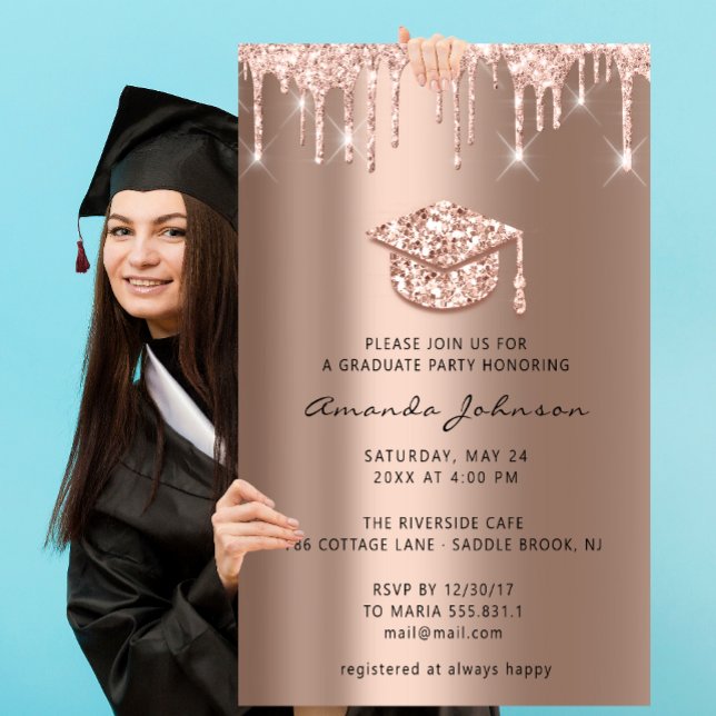 Graduate Party Drips Rose Gold Cap 3D Blush Invitation (Graduate Party Drips Rose Gold Cap 3D Blush Invitation)