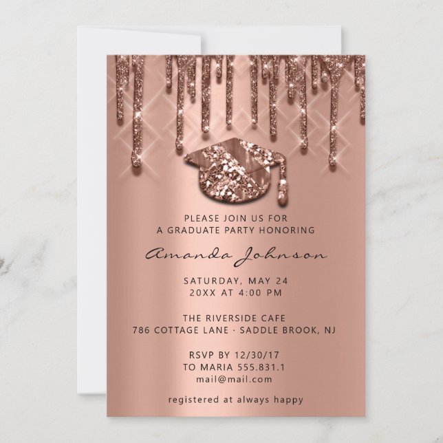 Graduate Party Drips Rose Gold Cap 3D Effect Glam Invitation (Front)