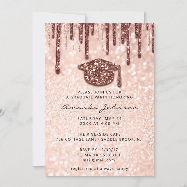 Graduate Party  Drips Rose Gold Cap 3D Glitter Invitation (Front)
