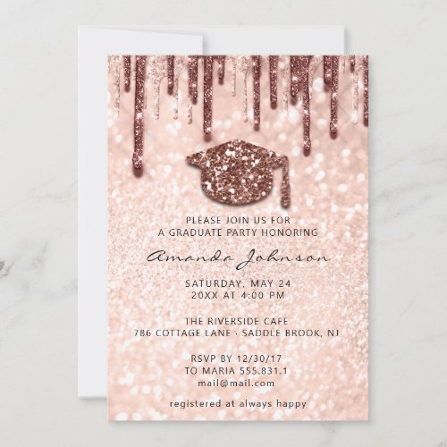 Graduate Party  Drips Rose Gold Cap 3D Glitter Invitation