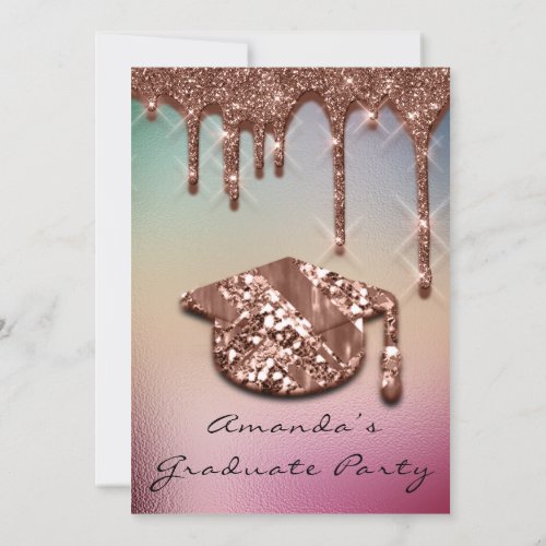 Graduate Party Drips Rose Gold Cap 3D Holographic Invitation