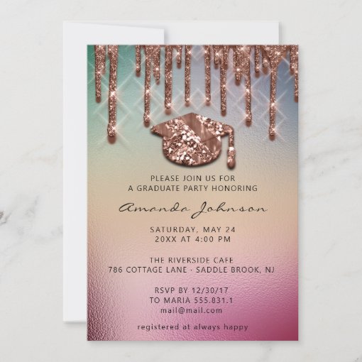 Graduate Party Drips Rose Gold Cap 3d Holographic Invitation Zazzle