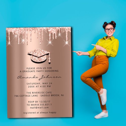 Graduate Party Drips Rose Gold Cap 3D Invitation