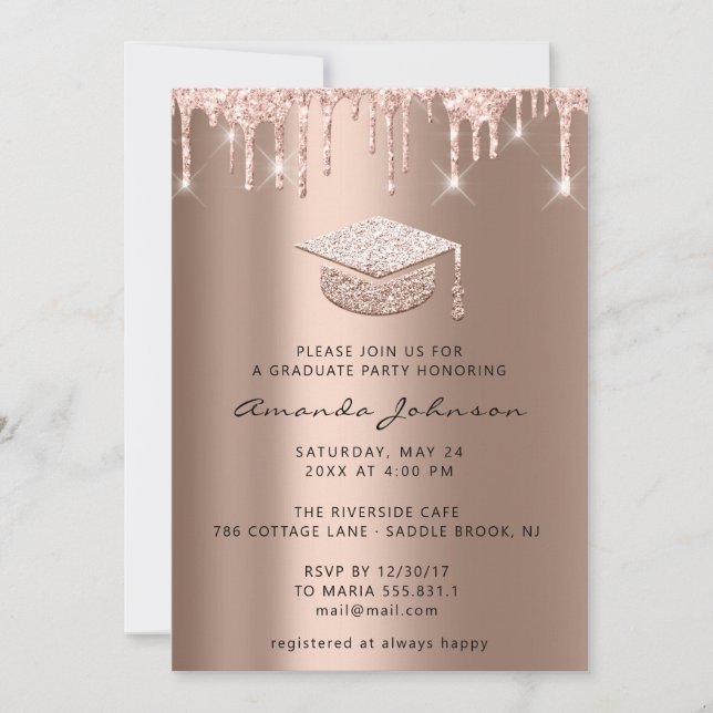 Graduate Party Drips Rose Gold Cap Invitation (Front)