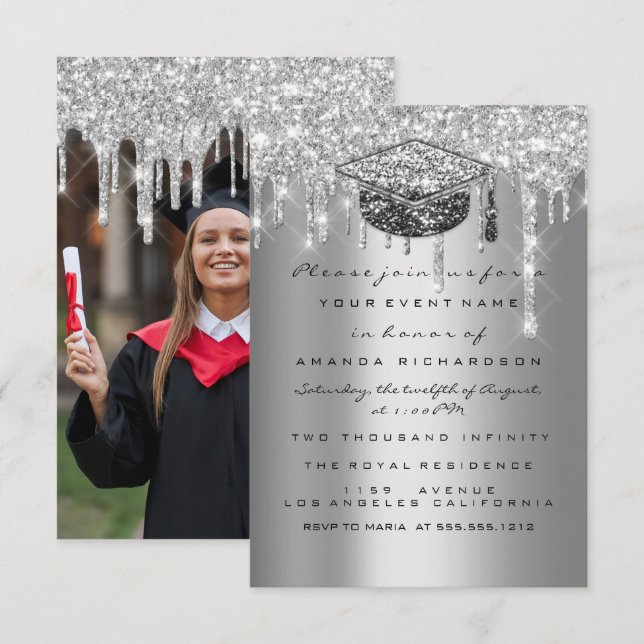 Graduate Party Glitter Silver Gray Drip Gold Photo Invitation (Front/Back)