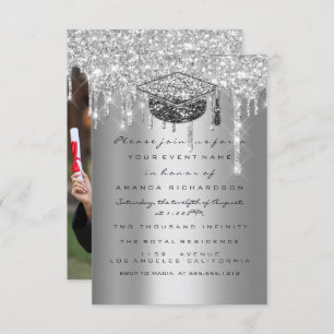 Graduate Party Glitter Silver Gray Drip Gold Photo Invitation