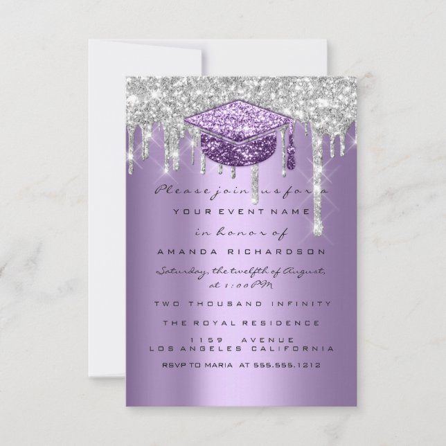 Graduate Party Glitter Silver Gray Drips Purple Invitation (Front)