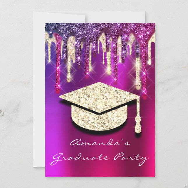 Graduate Party Gold Cap Glitter Holograph PINK 3D Invitation (Back)