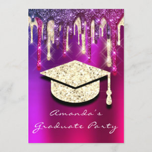 Graduate Party Gold Cap Glitter Holograph PINK 3D Invitation