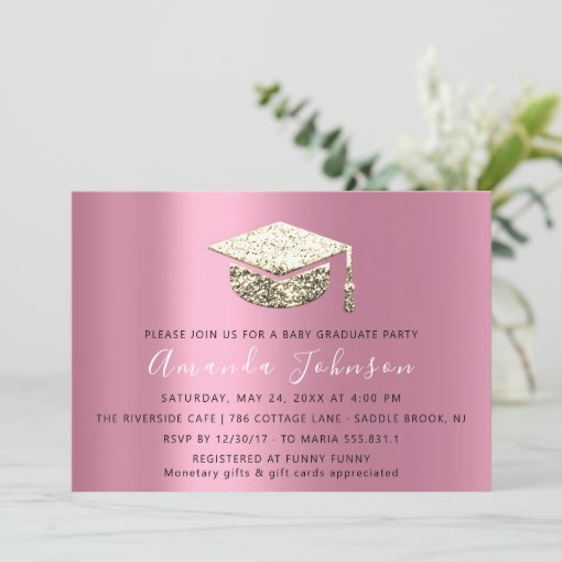 Graduate Party Student Pink Gold Graduate Cap Invitation | Zazzle