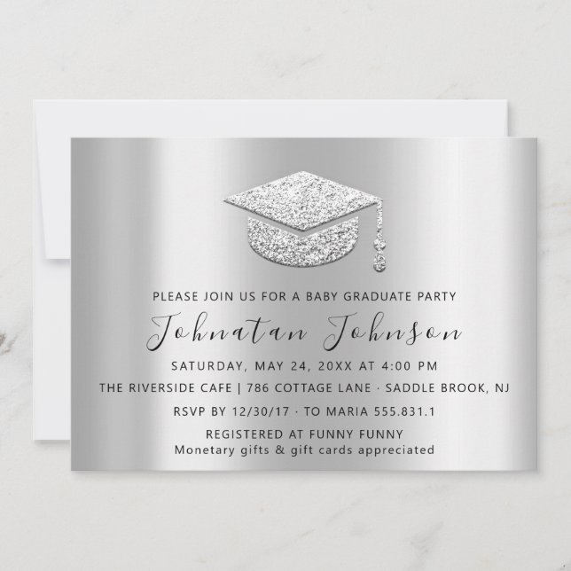 Graduate Party Student Silver Gray Grey Barret Invitation (Front)