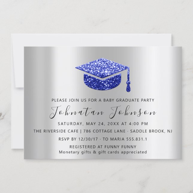 Graduate Party Student Silver Gray Royal Blue Simp Invitation (Front)