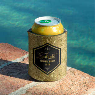 Graduate Personalized Typography & Gold Damasks Can Cooler