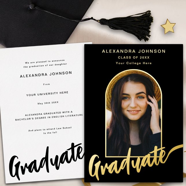 Graduate Photo Arch Stylish Script Black Gold Foil Invitation (Elegant arch graduate photo black and gold foil script Graduation announcement card)