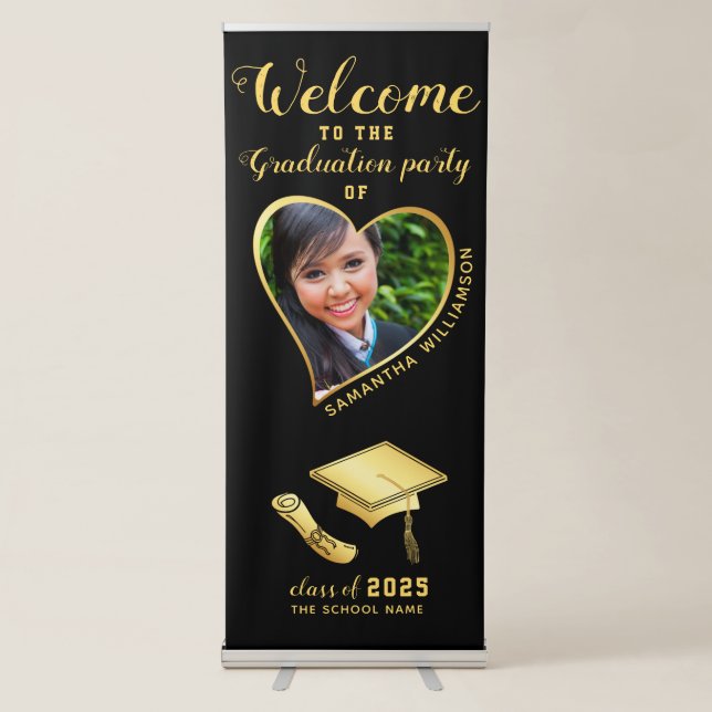 Graduate Photo Black and Gold Graduation Welcome Retractable Banner (Front)