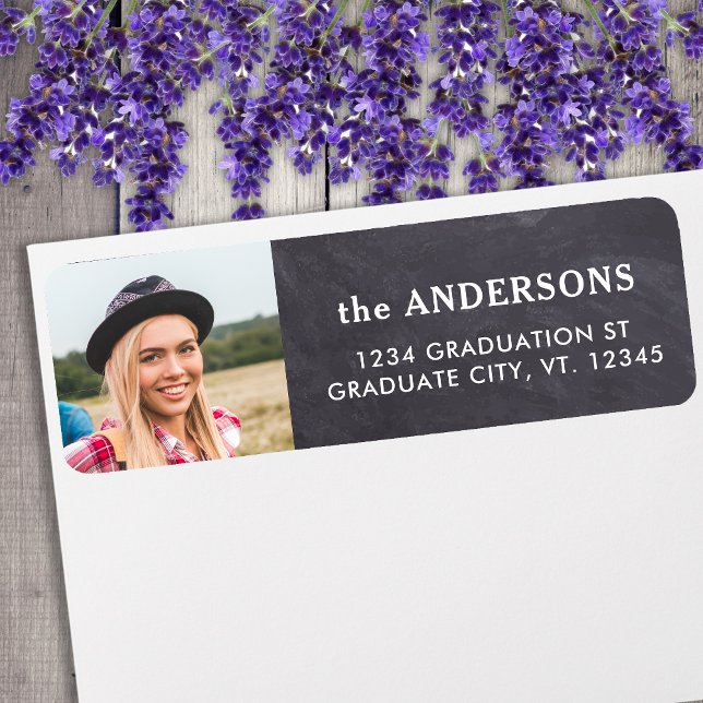Graduate Photo Black Chalkboard Return Address Label (Creator Uploaded)