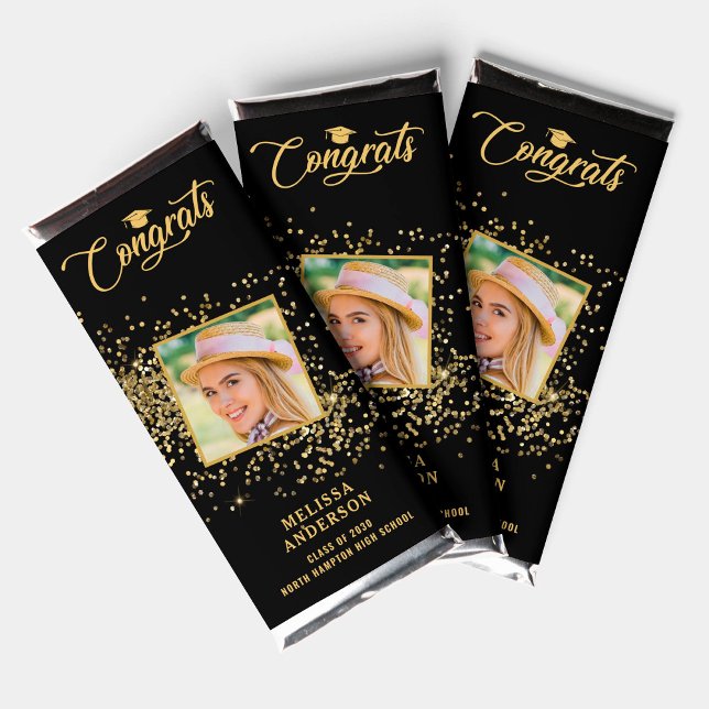 Graduate Photo Black Gold Personalized Graduation Hershey Bar Favors (Creator Uploaded)