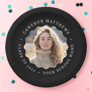 Graduate photo black wavy border graduation paper plates