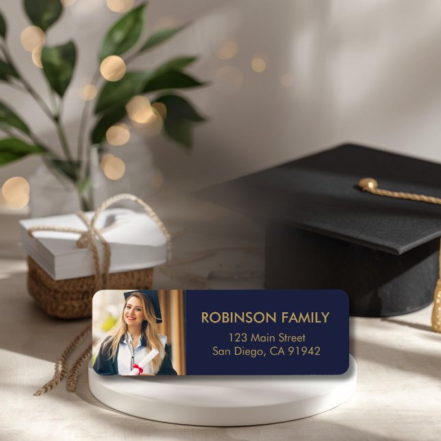 Graduate Photo Blue Gold Script Return Address Label (Creator Uploaded)